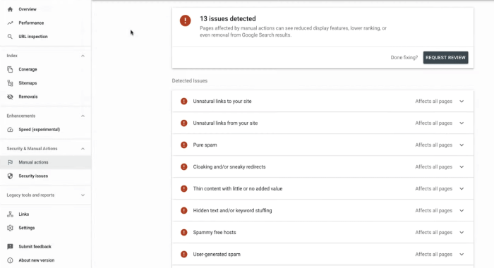 نمونه ای از manual action سرچ کنسول